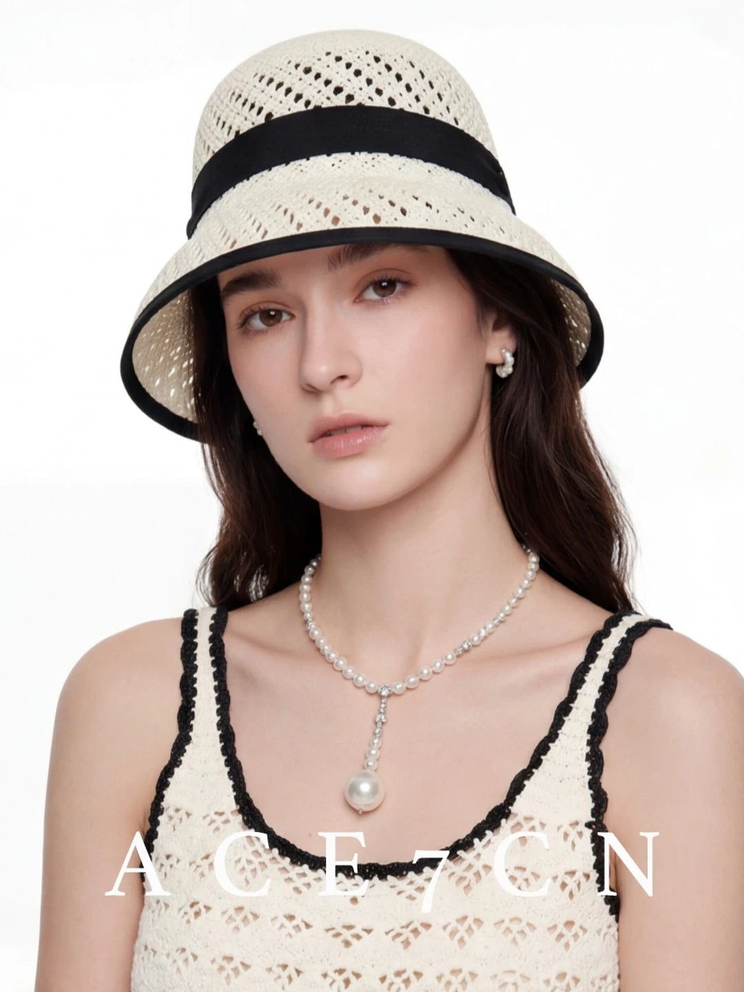 Openwork Bow Straw Bucket Hat — ACE7CN