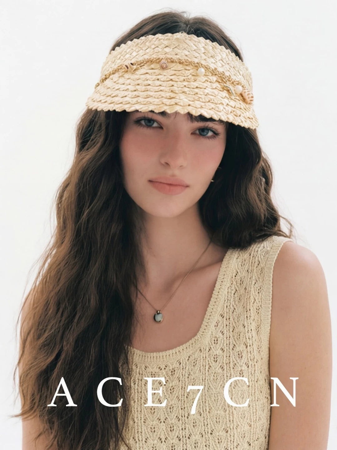 Shell-Embellished Straw Visor — ACE7CN