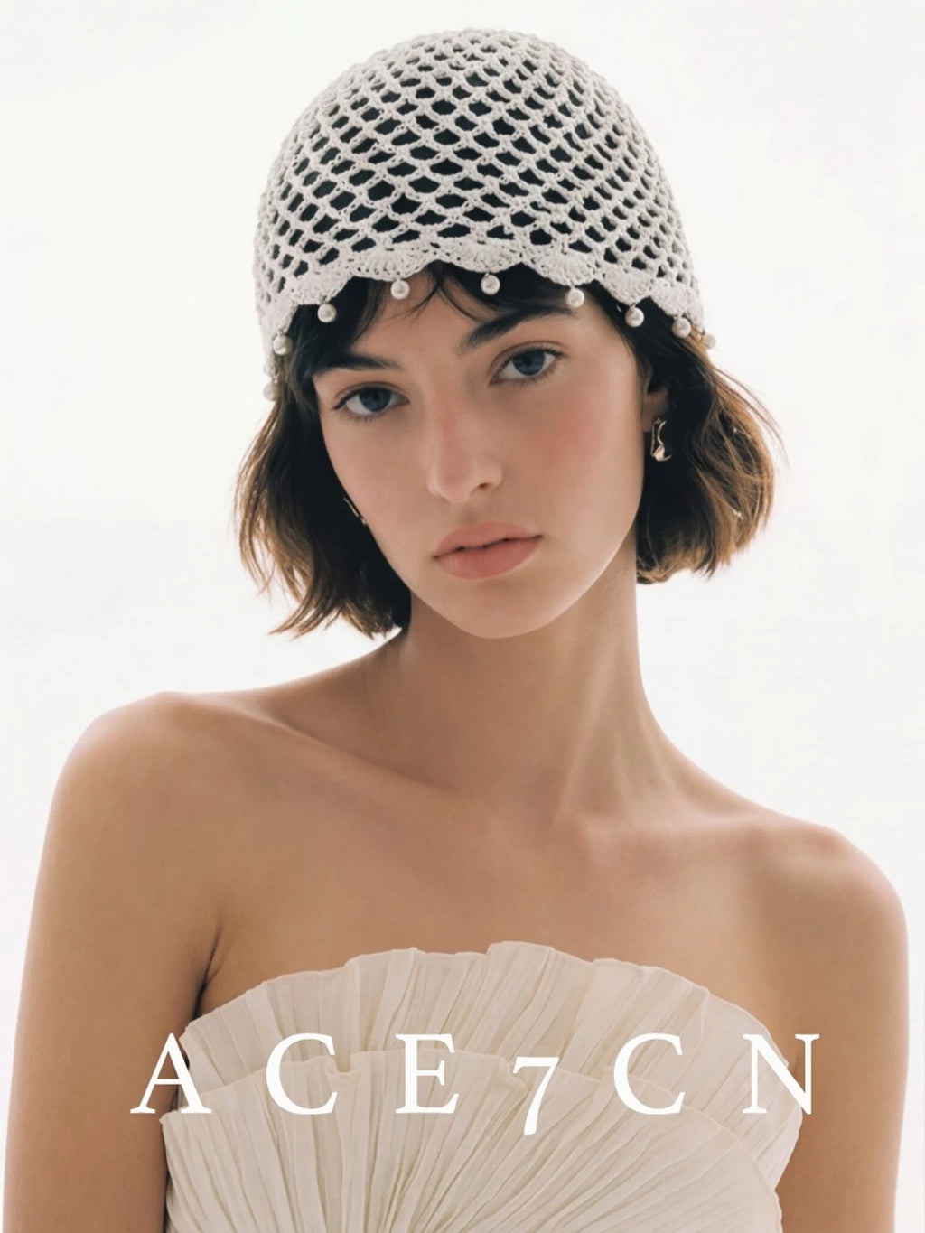 Pearl-Pendant Openwork Crochet Beanie — ACE7CN