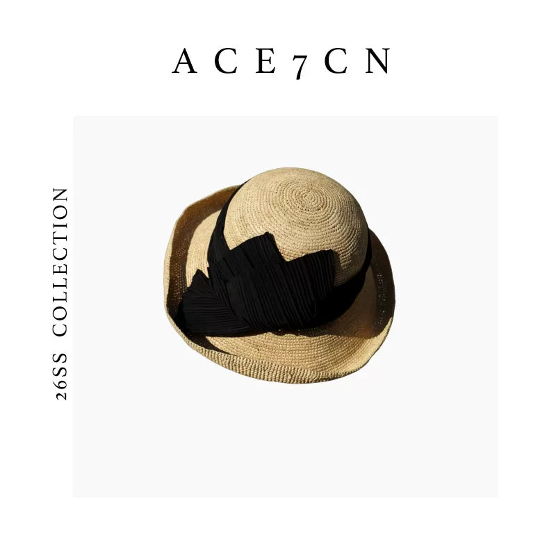 Pleated-Flower Roll-Brim Raffia Bucket Hat — ACE7CN