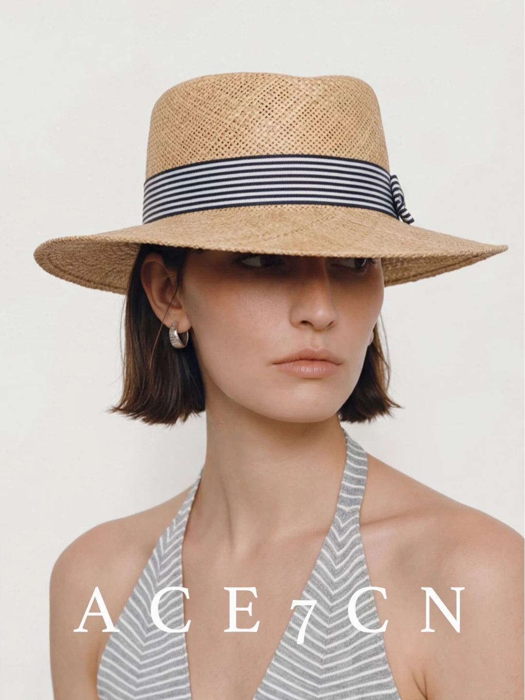 Plaid-Bow Woven Straw Fedora — ACE7CN
