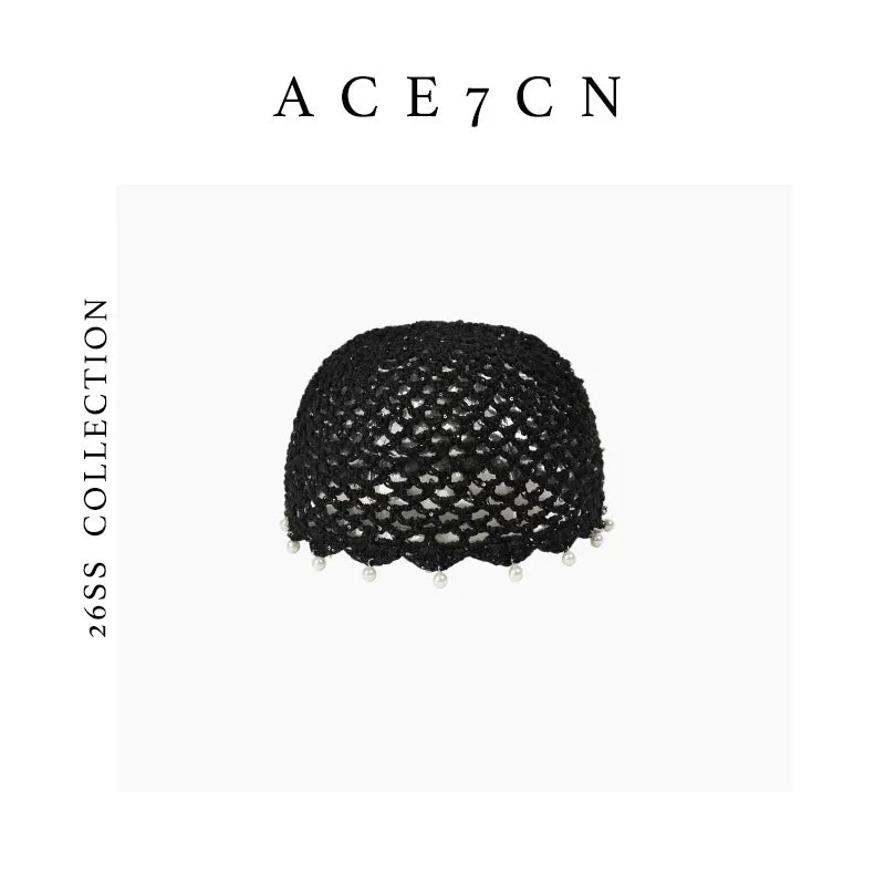 Pearl-Pendant Openwork Crochet Beanie — ACE7CN