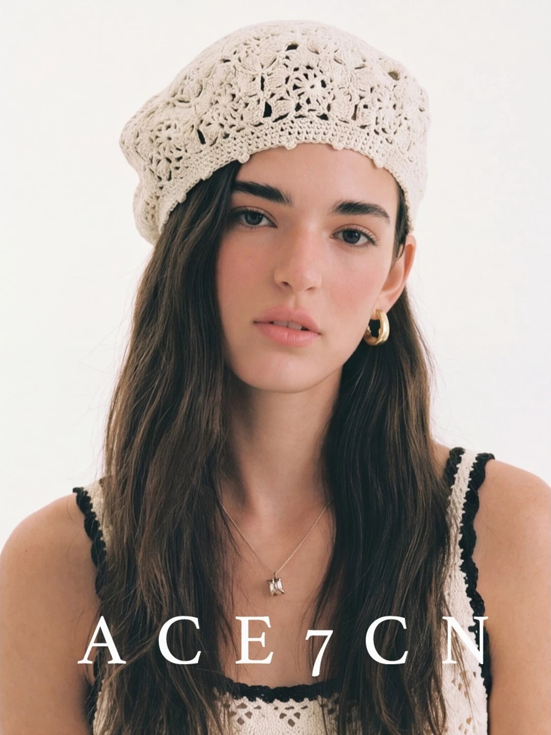 Openwork Crochet Cotton-Linen Beret — ACE7CN