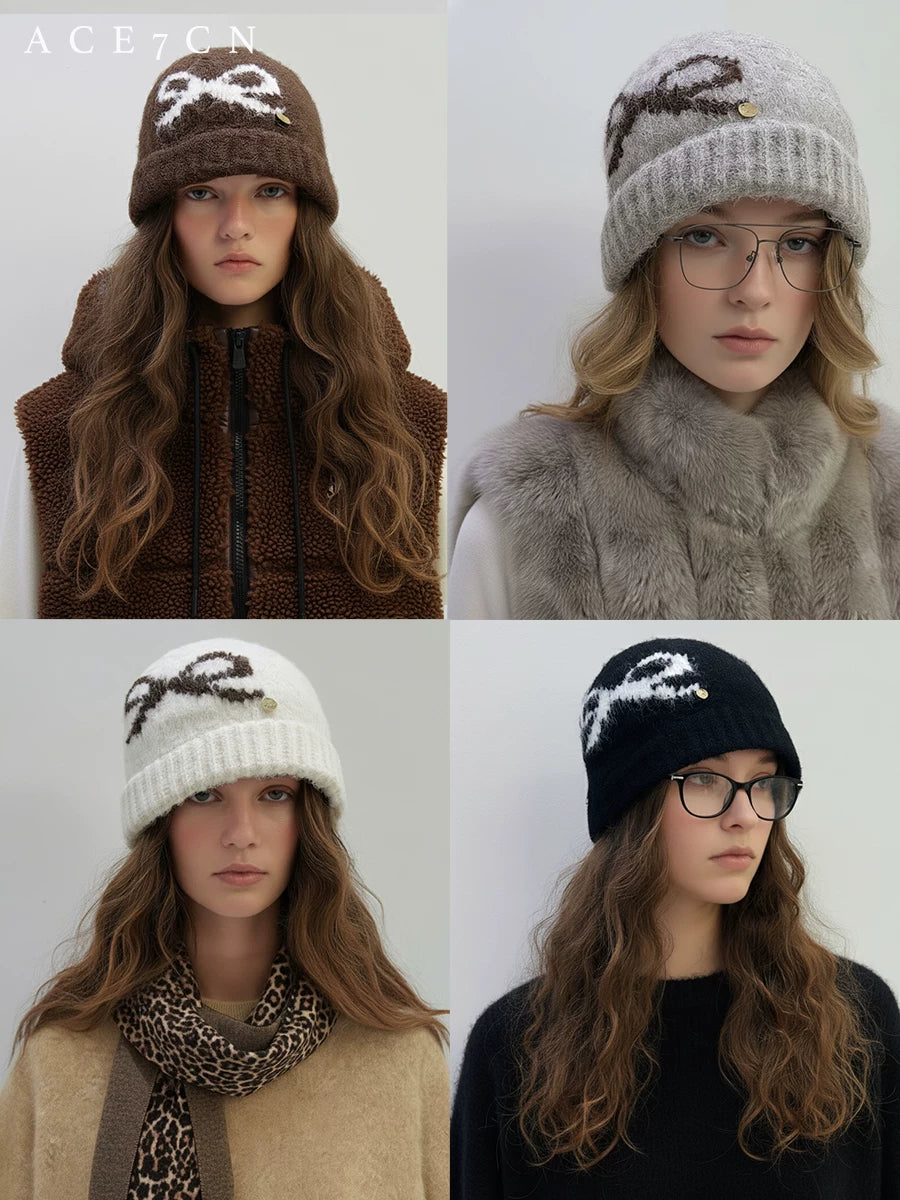 Bow-Detail Jacquard Knit Beanie — ACE7CN