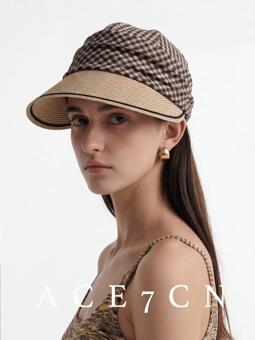 Pleated Plaid Straw-Panel Sun Hat — ACE7CN