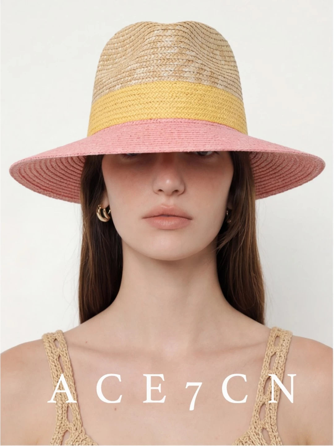 Tri-Color Wide-Brim Wheat-Straw Fedora — ACE7CN