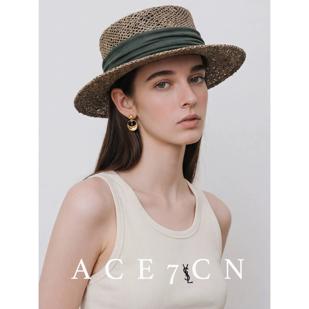 Ribbon-Trim Seagrass Flat-Top Boater — ACE7CN