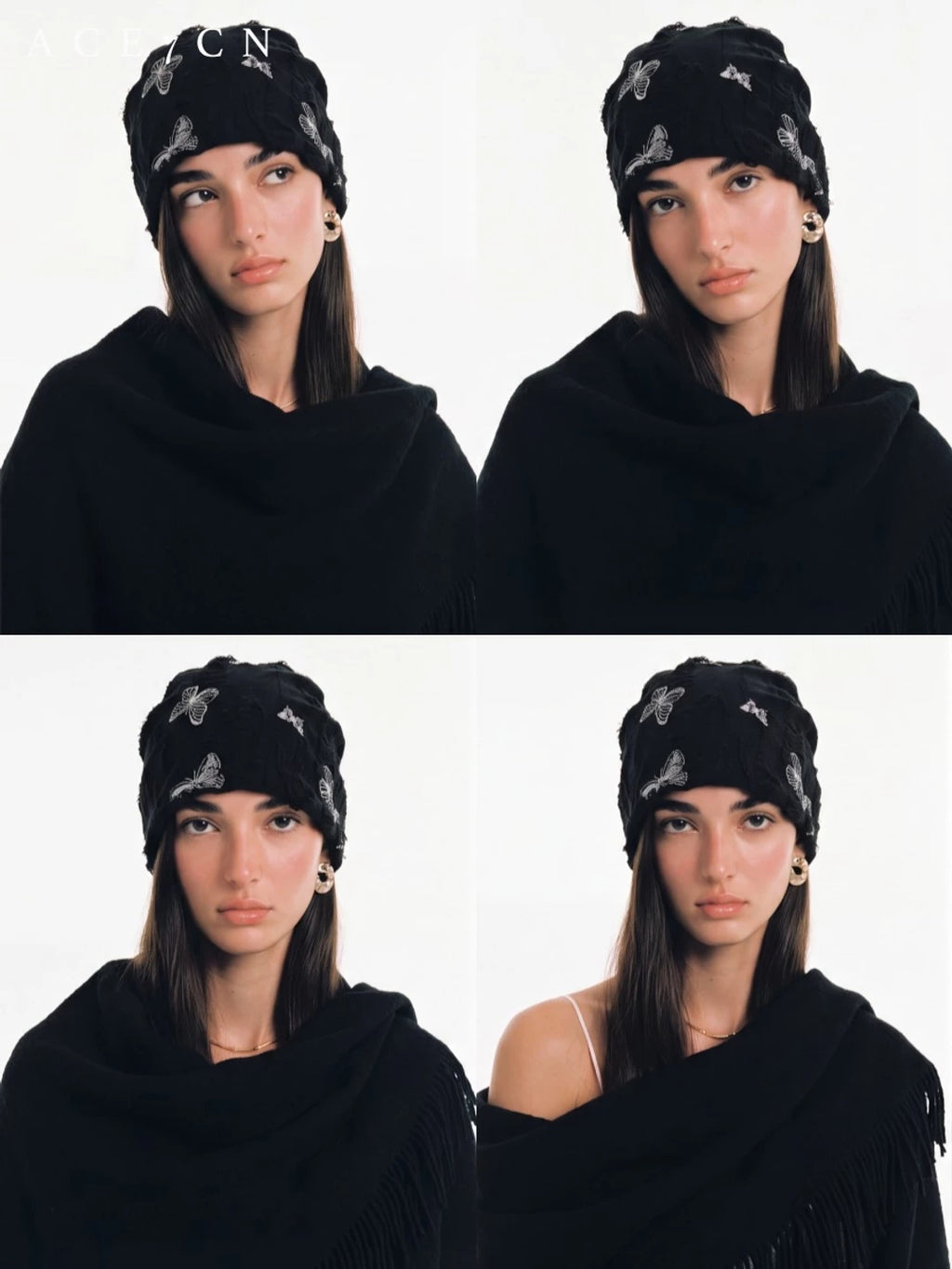 Embroidered-Bow Pleated Head Scarf Hat — ACE7CN