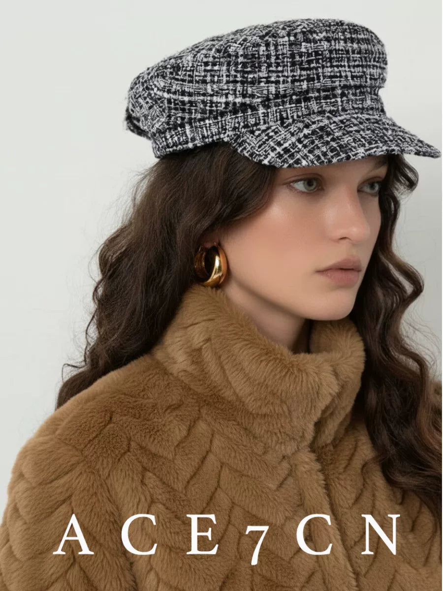 Plaid Tweed Flat-Top Newsboy Cap — ACE7CN
