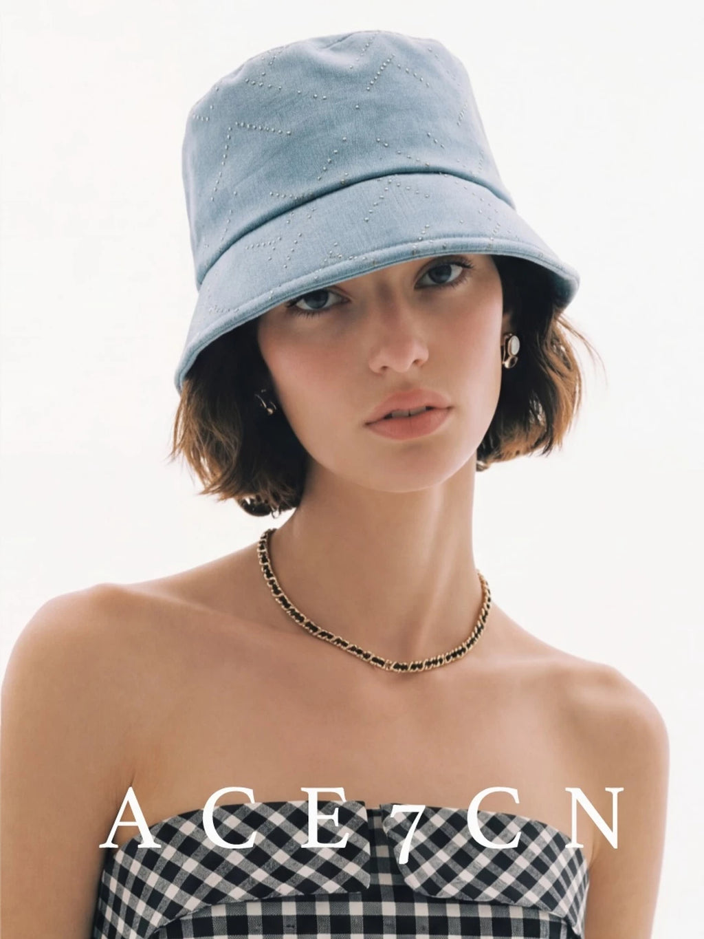 Rhinestone Diamond-Quilted Denim Bucket Hat — ACE7CN