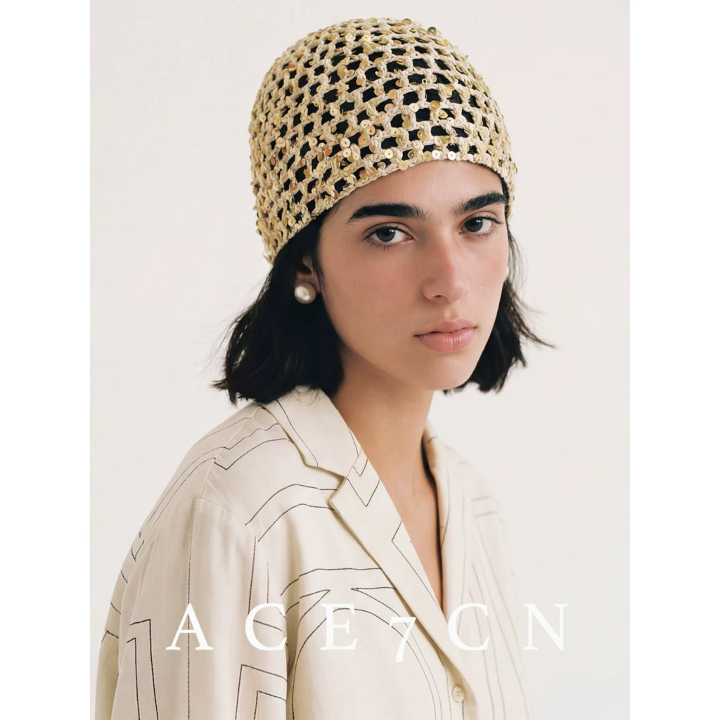 Glossy-Trim Openwork Crochet Hat — ACE7CN