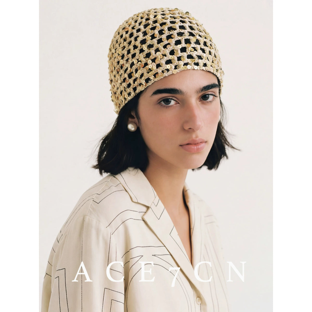 Glossy-Trim Openwork Crochet Hat — ACE7CN