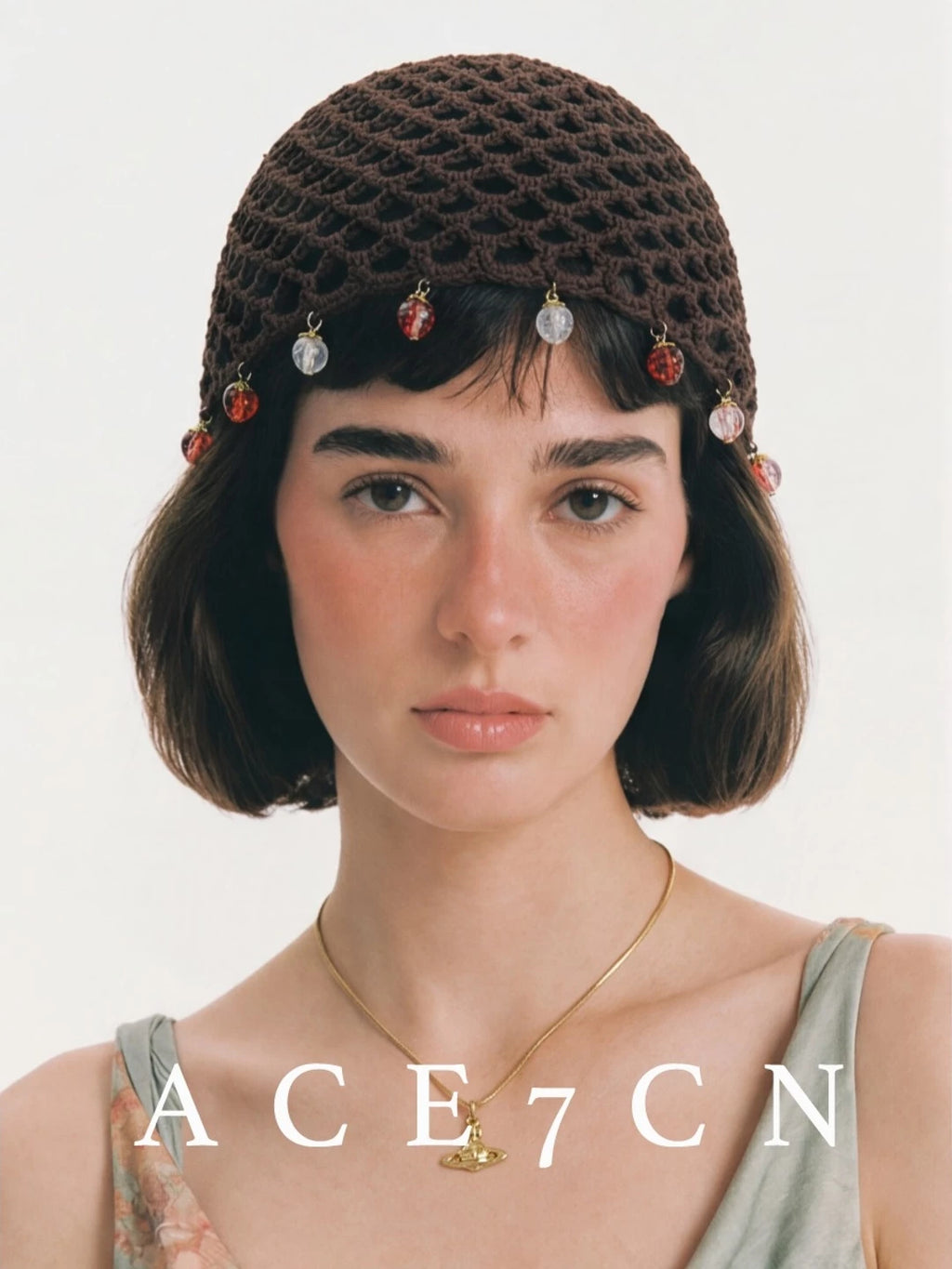 Gem-Pendant Openwork Knit Beanie — ACE7CN