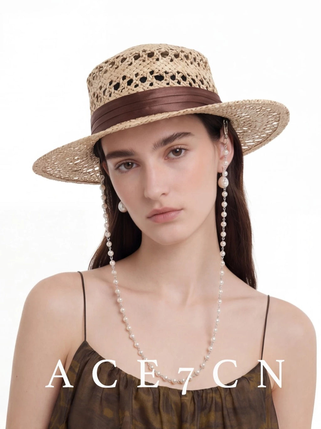 Pearl-Chain Openwork Straw Western Hat — ACE7CN