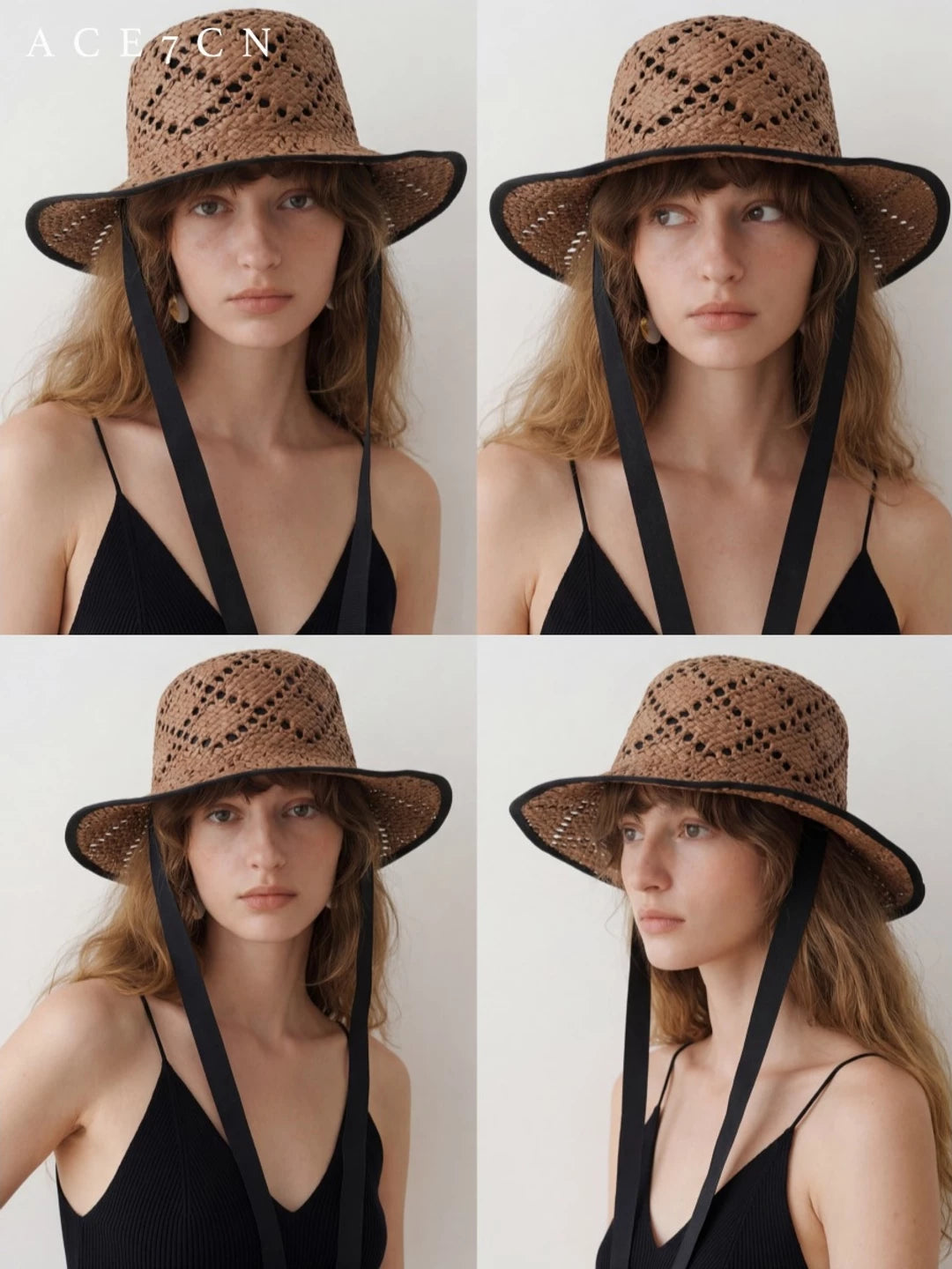 Openwork Tie-Strap Straw Fedora — ACE7CN