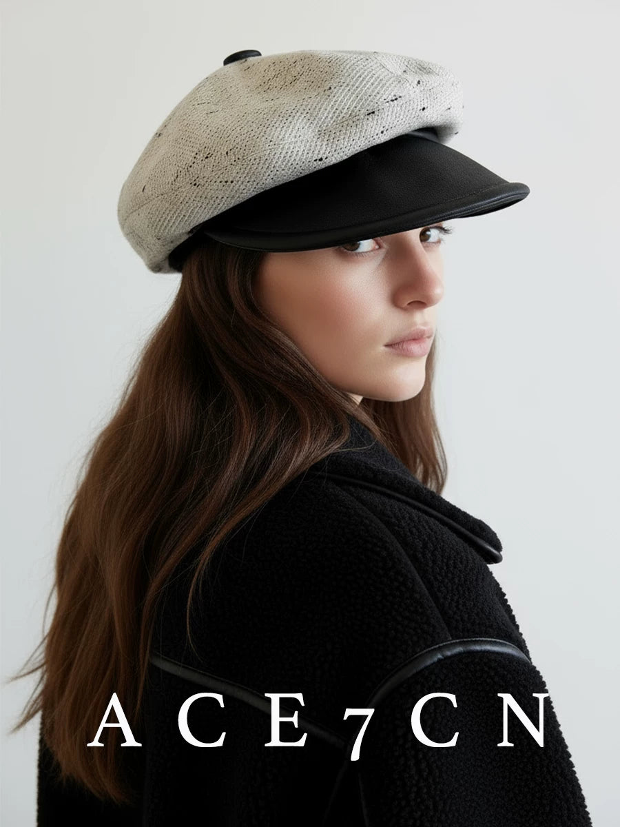 Woven Leather-Trim Newsboy Cap — ACE7CN