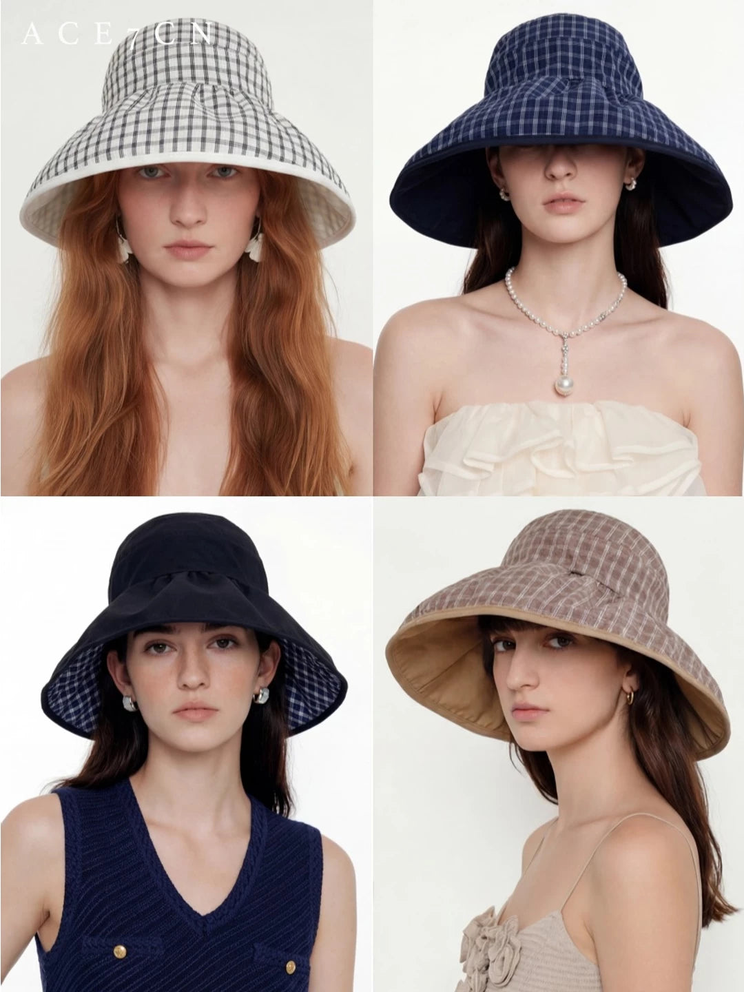 Reversible Plaid Wide-Brim Bucket Hat — ACE7CN