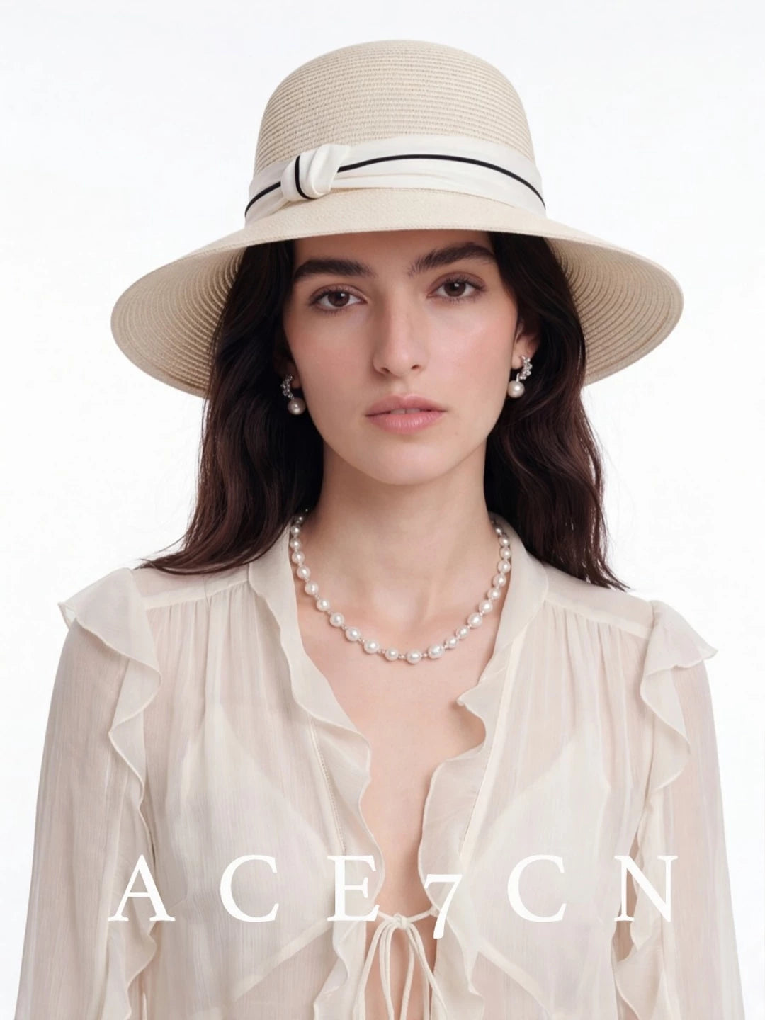 Ribbon-Trim Wide-Brim Straw Bucket Hat — ACE7CN