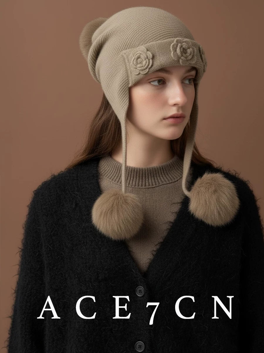 Flower-Embellished Cashmere Ear-Flap Beanie — ACE7CN