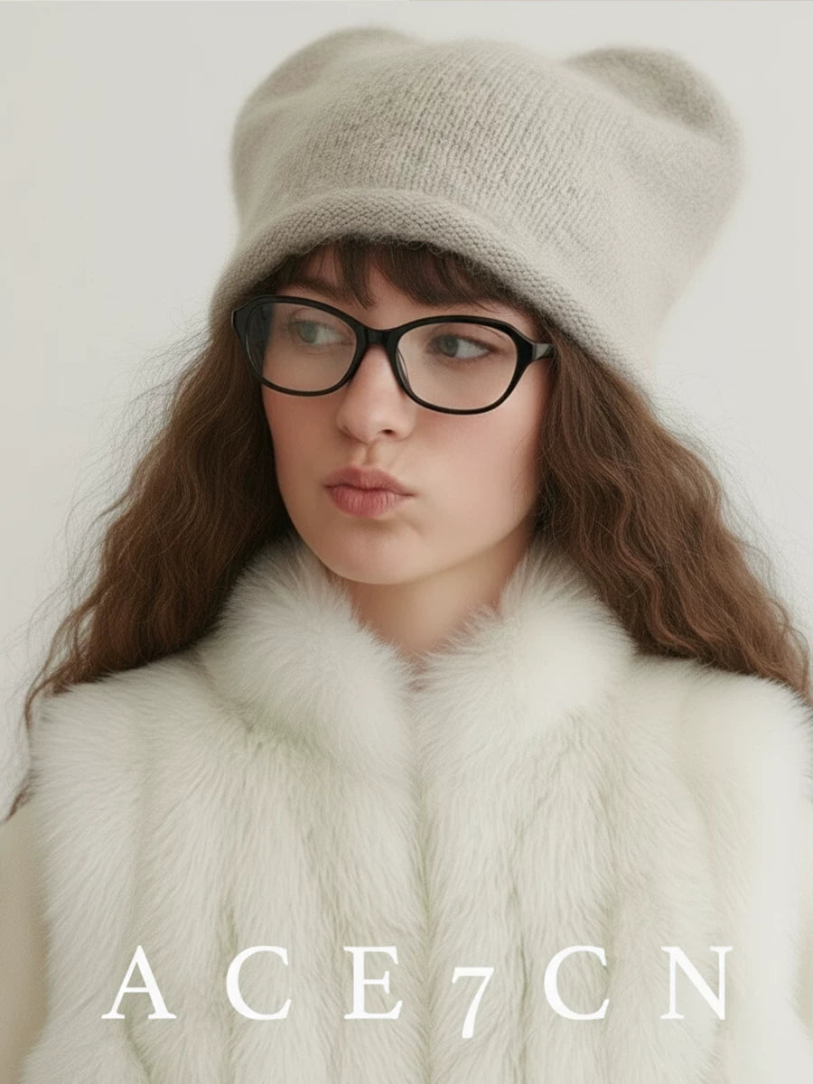 Monochrome Cat-Ear Angora Ear-Flap Beanie — ACE7CN