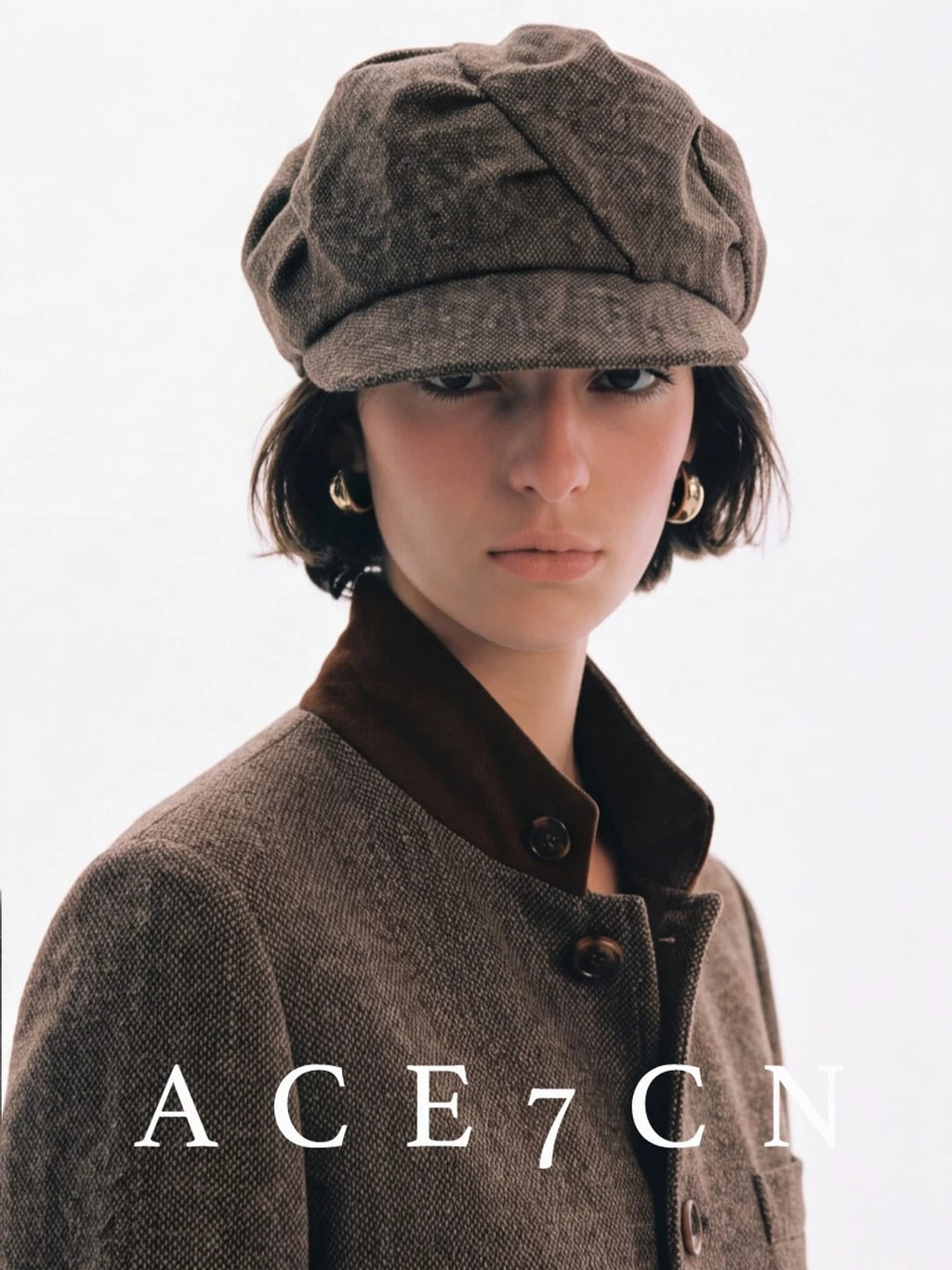 Twisted-Pleat Wool Tweed Newsboy Cap — ACE7CN