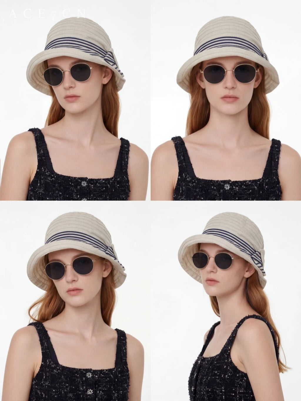 Bow-Detail Color-Block Striped Bucket Hat — ACE7CN