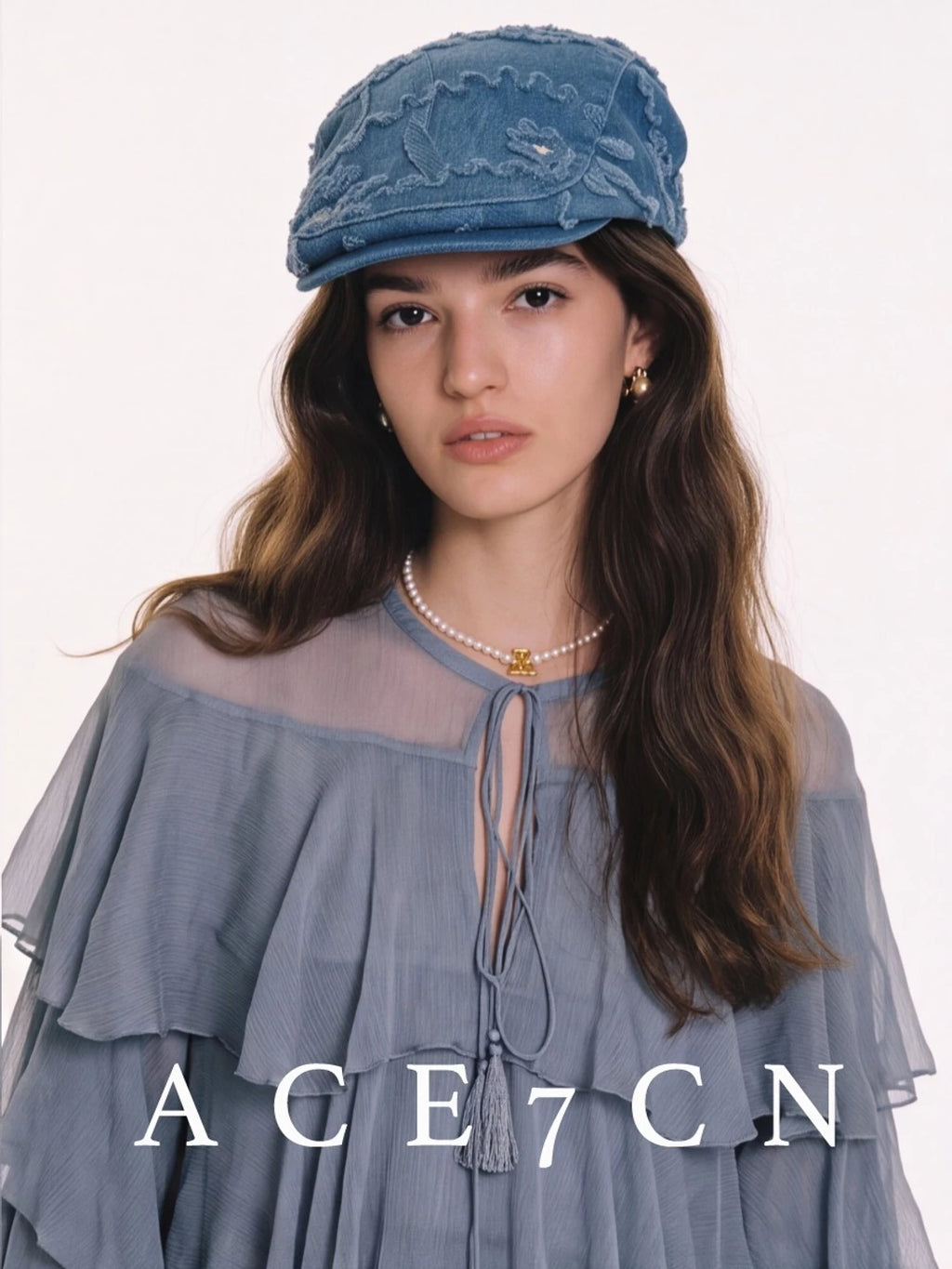 Embossed Floral Denim Flat Cap — ACE7CN