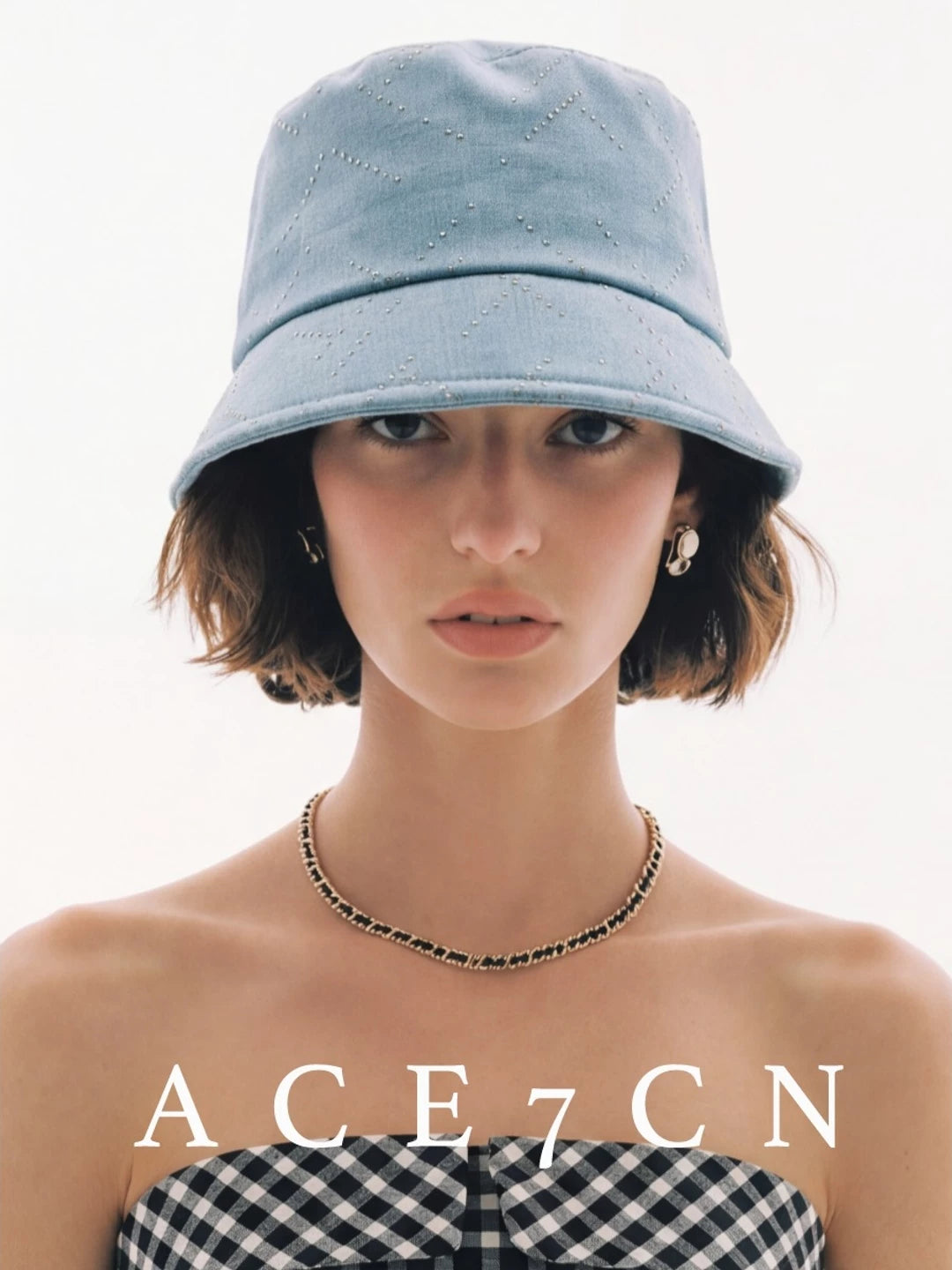 Rhinestone Diamond-Quilted Denim Bucket Hat — ACE7CN