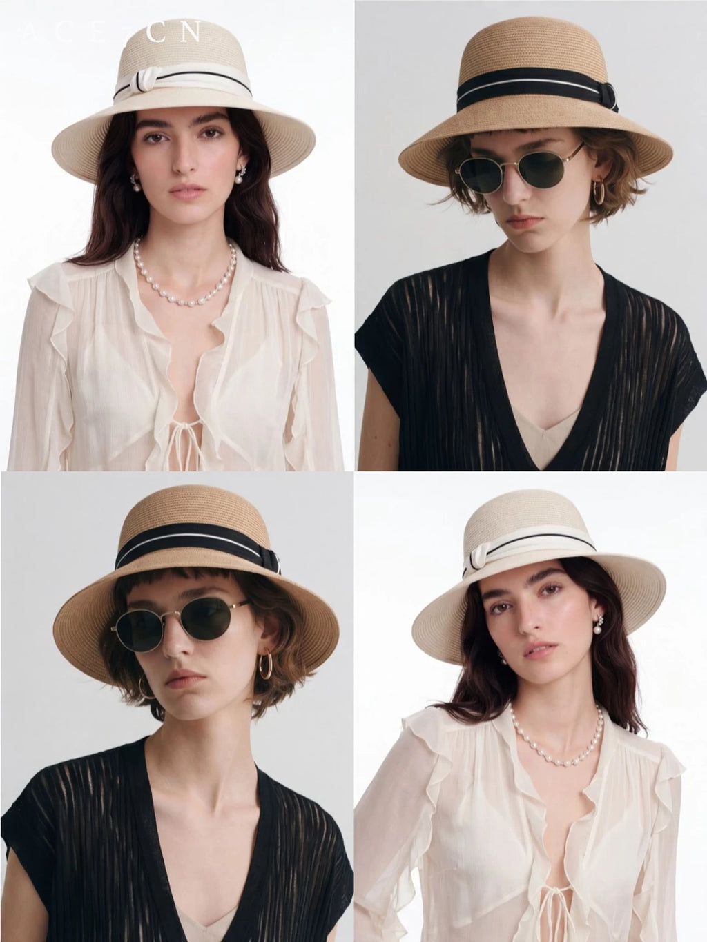 Ribbon-Trim Wide-Brim Straw Bucket Hat — ACE7CN