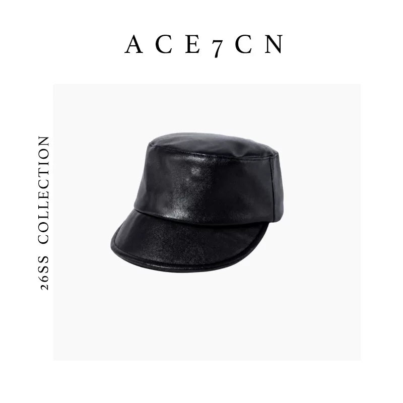 Flat-Top Lamb-Grain Leather Equestrian Cap — ACE7CN