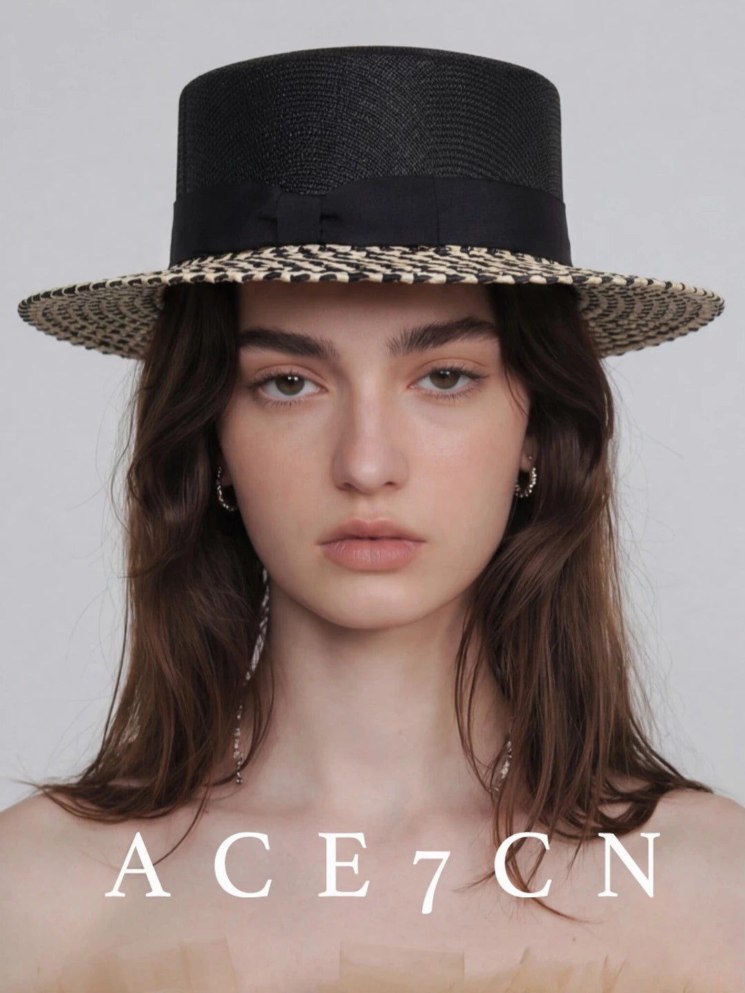 Two-Tone Wheat-Straw Flat-Top Boater — ACE7CN