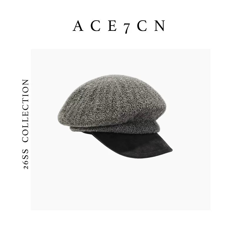 Leather-Peak Knit Newsboy Cap — ACE7CN