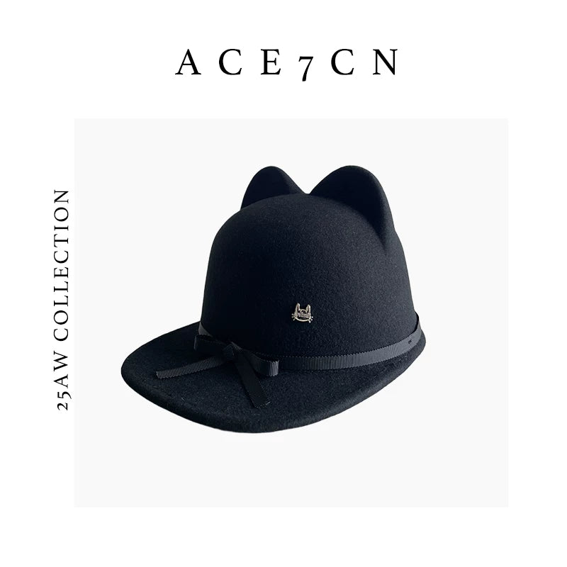 Ribbon-Trim Cat-Ear Wool Equestrian Cap — ACE7CN