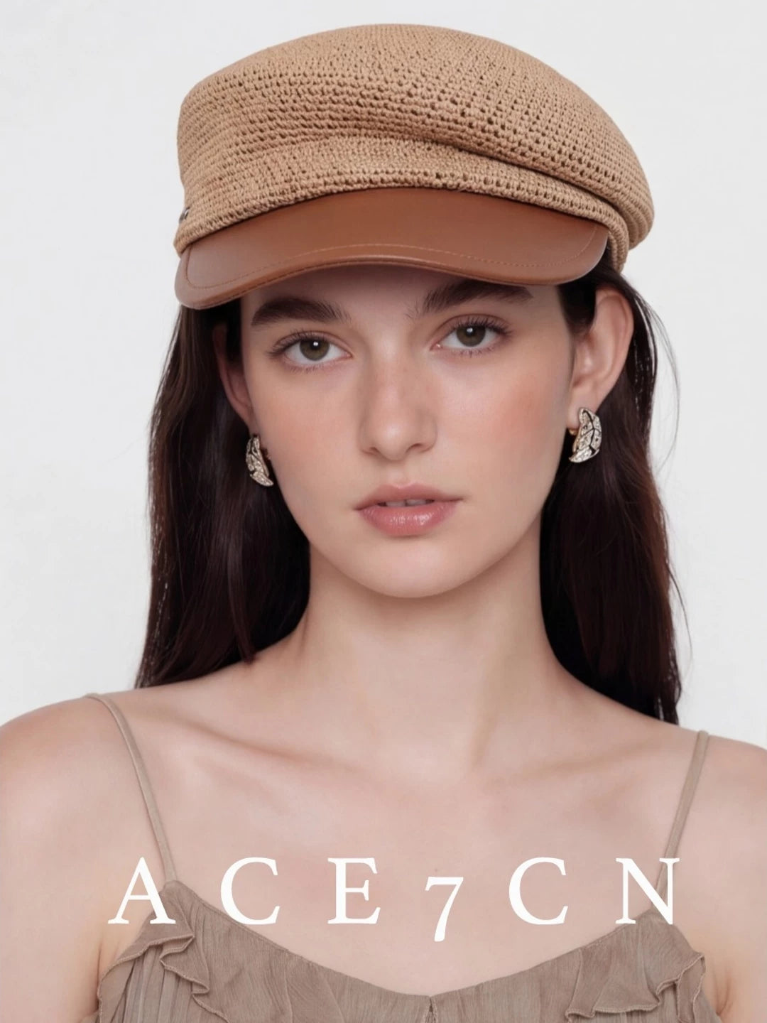 Leather-Peak Straw Newsboy Cap — ACE7CN