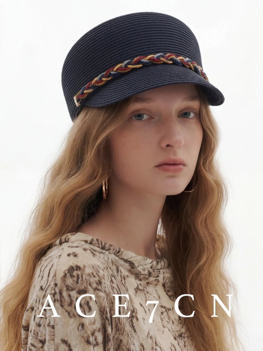 Colored-Cord Paper-Straw Equestrian Cap — ACE7CN