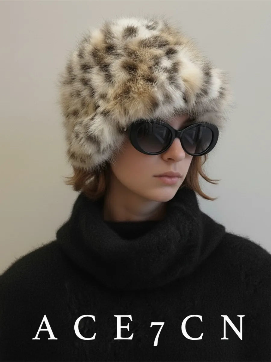 American Snow Faux-Mink Leopard Hat Autumn-Winter Warm Bucket