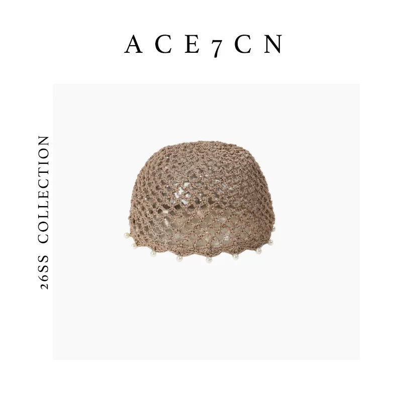 Pearl-Pendant Openwork Crochet Beanie — ACE7CN