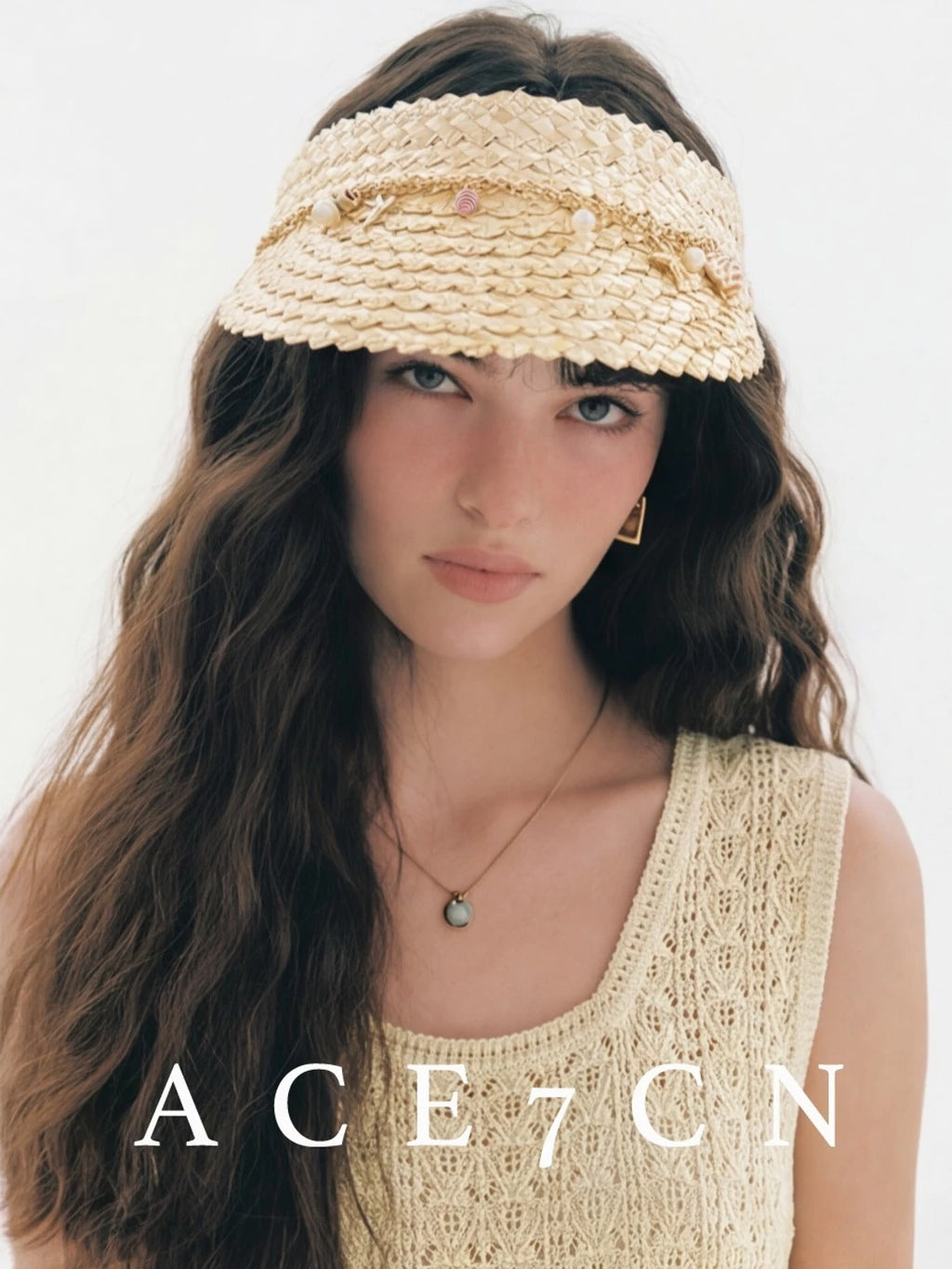 Shell-Embellished Straw Visor — ACE7CN