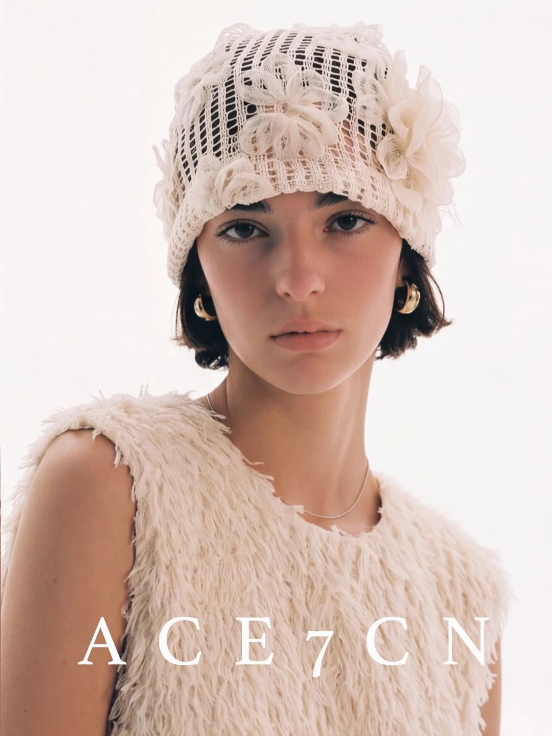 Floral Openwork Knit Head Scarf Hat — ACE7CN