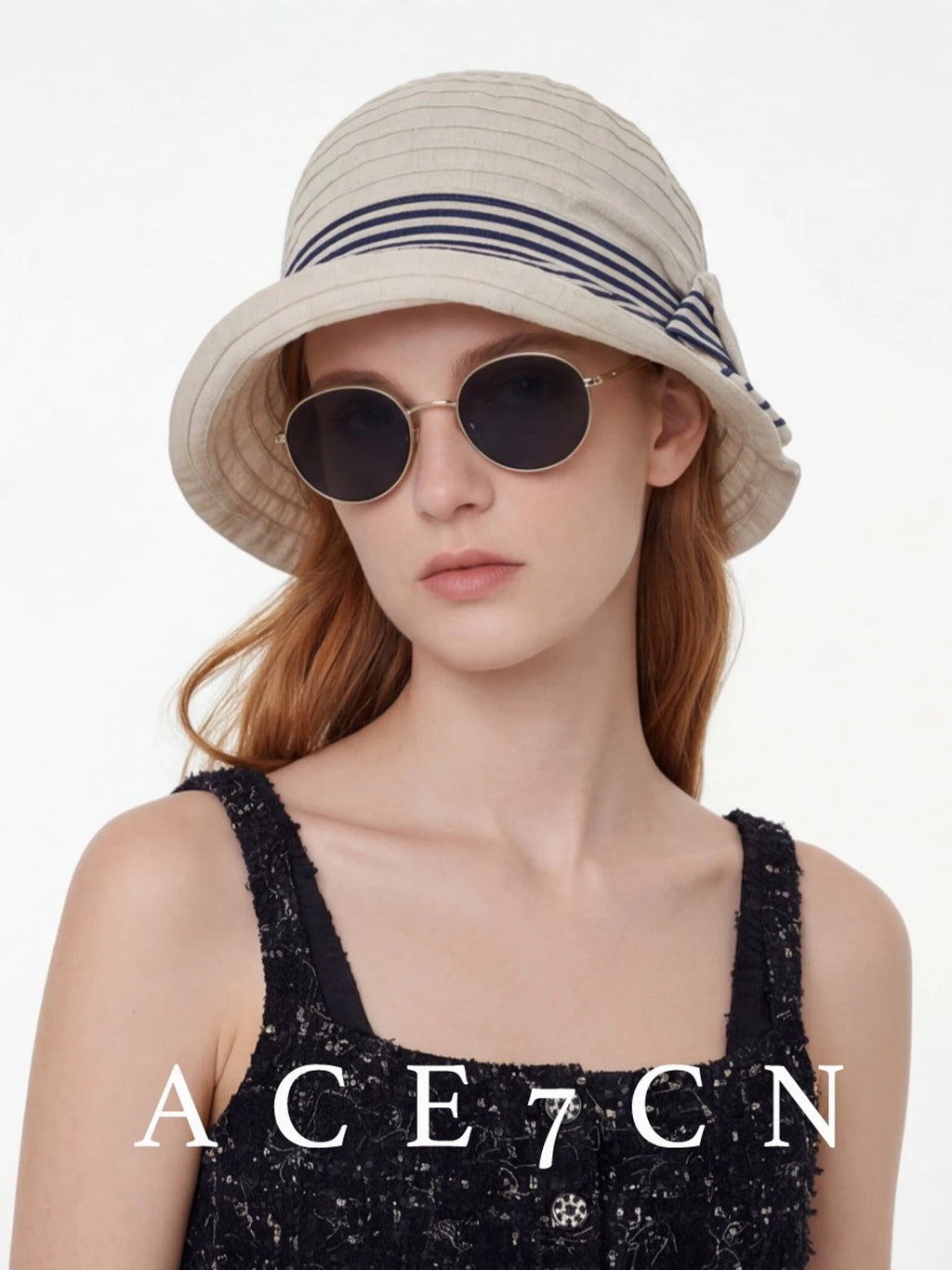 Bow-Detail Color-Block Striped Bucket Hat — ACE7CN