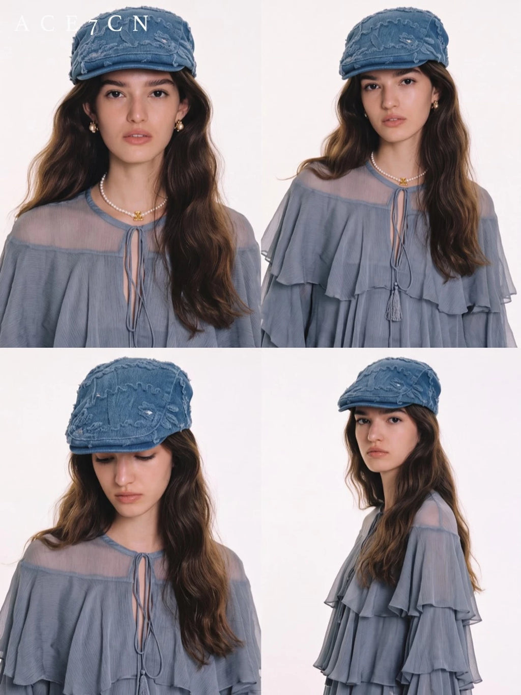 Embossed Floral Denim Flat Cap — ACE7CN