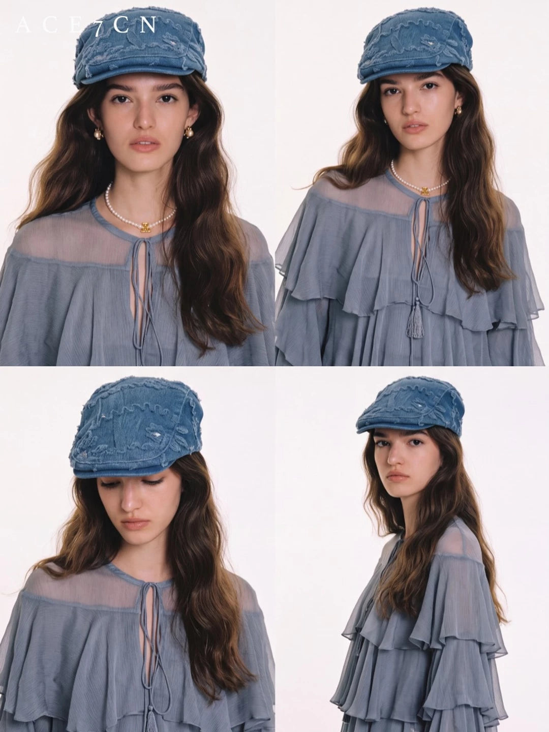 Embossed Floral Denim Flat Cap — ACE7CN