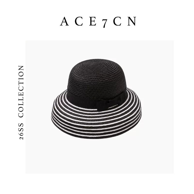 Bow-Detail Two-Tone Straw Lampshade Hat — ACE7CN