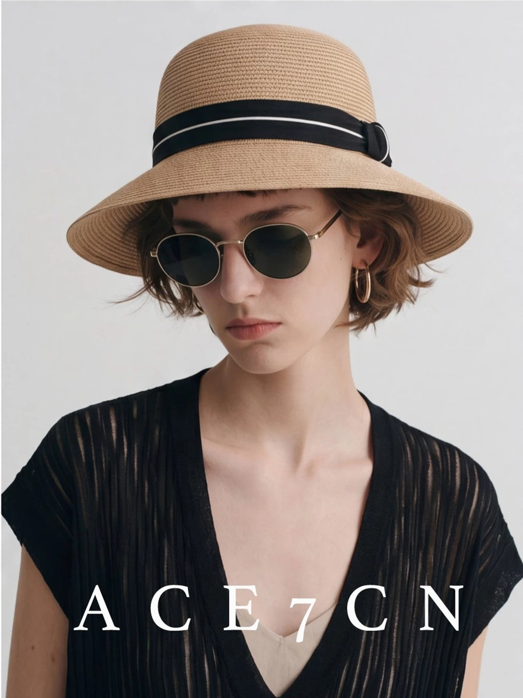Ribbon-Trim Wide-Brim Straw Bucket Hat — ACE7CN