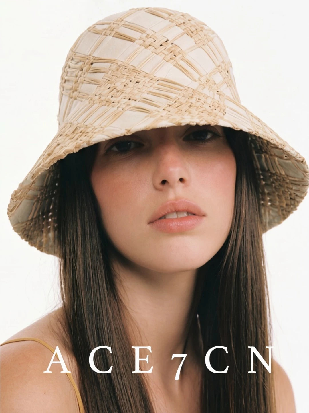 Plaid Color-Block Raffia Lampshade Hat — ACE7CN
