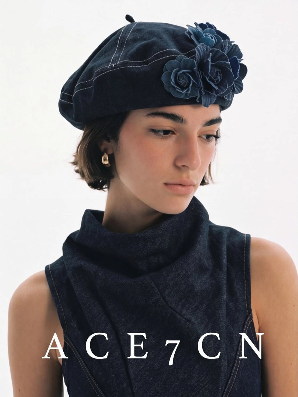 Floral Washed-Denim Painter Beret — ACE7CN