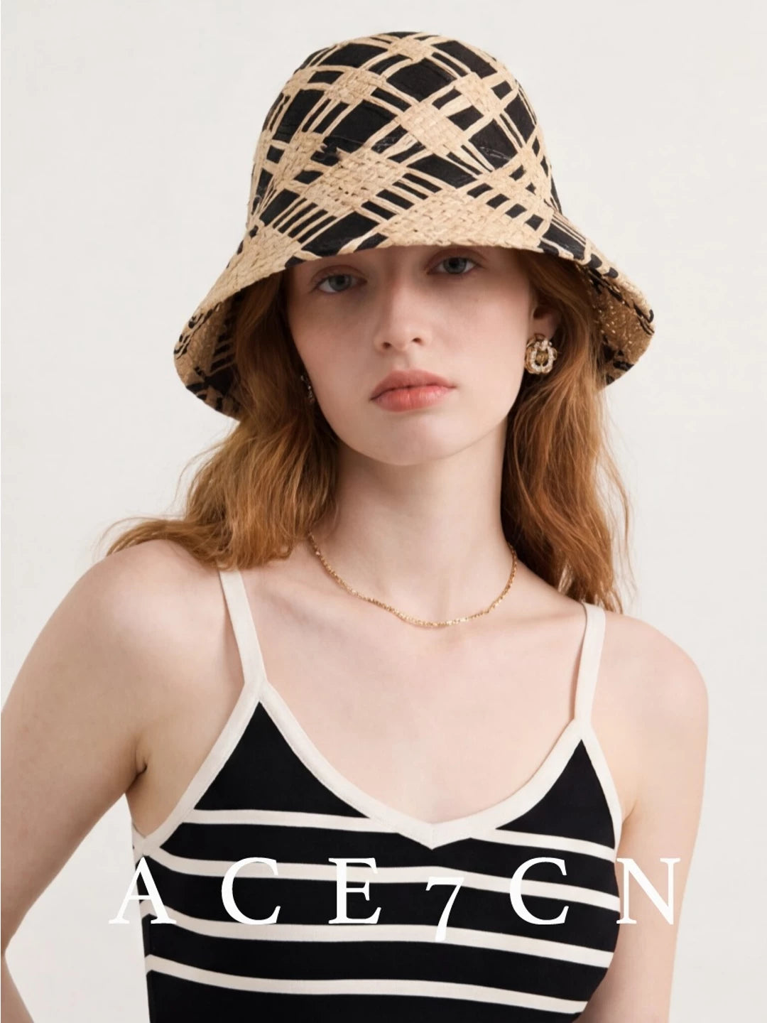 Plaid Color-Block Raffia Lampshade Hat — ACE7CN
