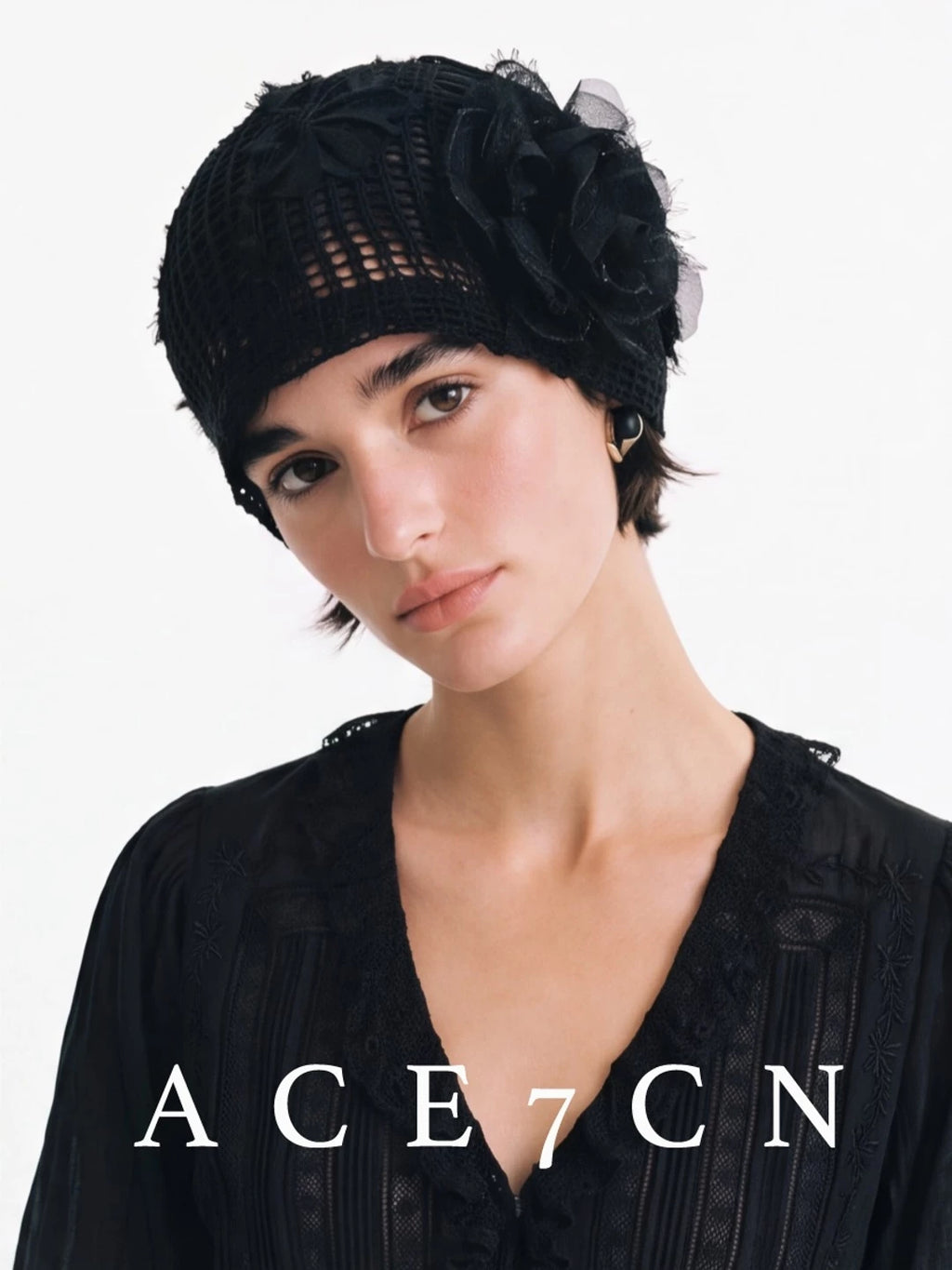 Floral Openwork Knit Head Scarf Hat — ACE7CN