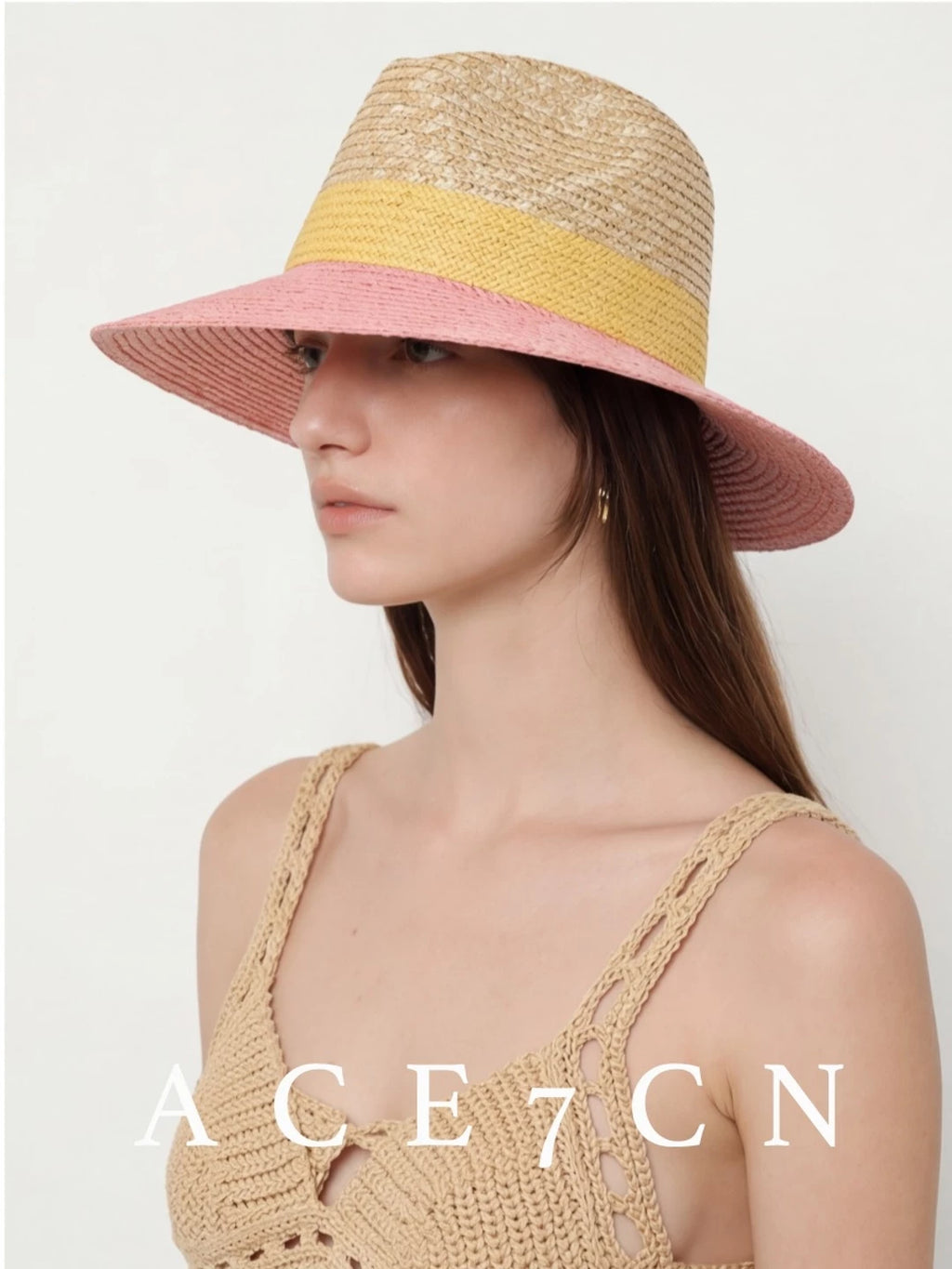 Tri-Color Wide-Brim Wheat-Straw Fedora — ACE7CN