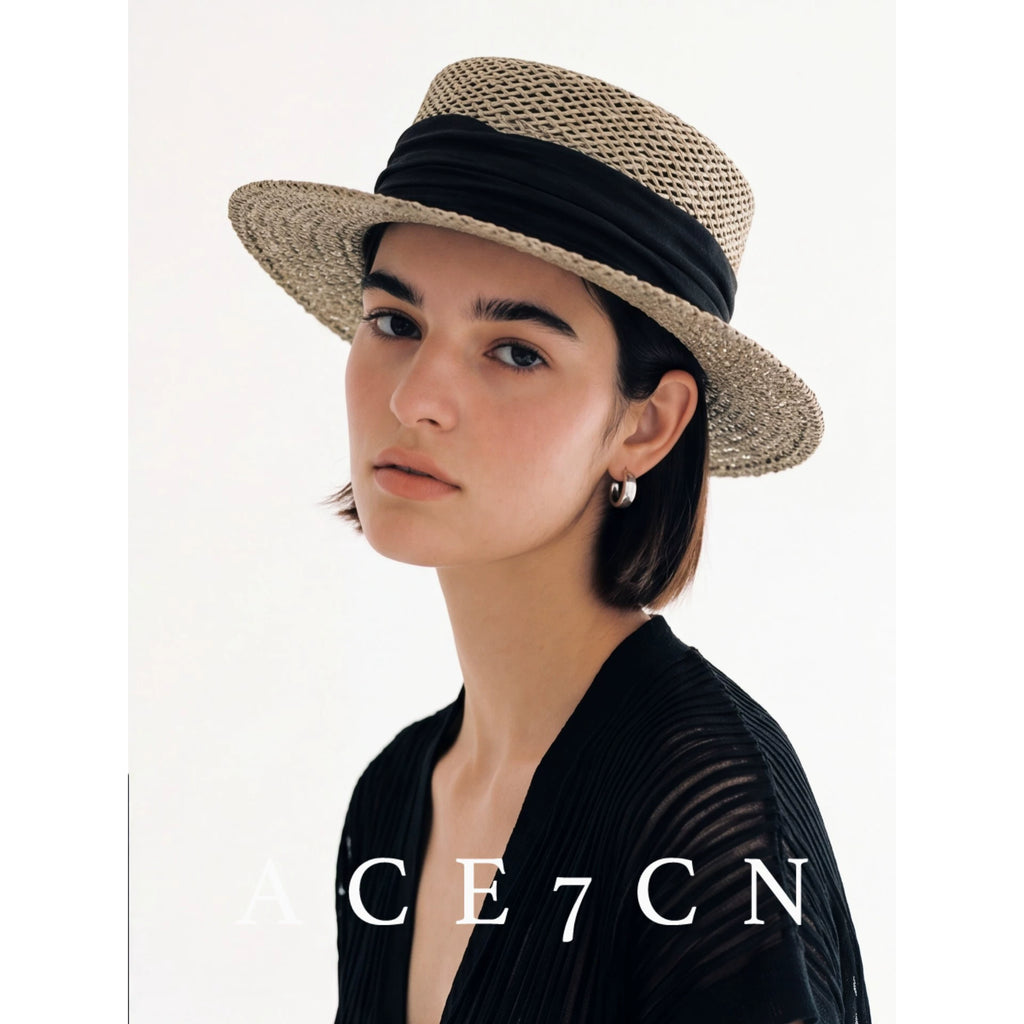 Ribbon-Trim Seagrass Flat-Top Boater — ACE7CN